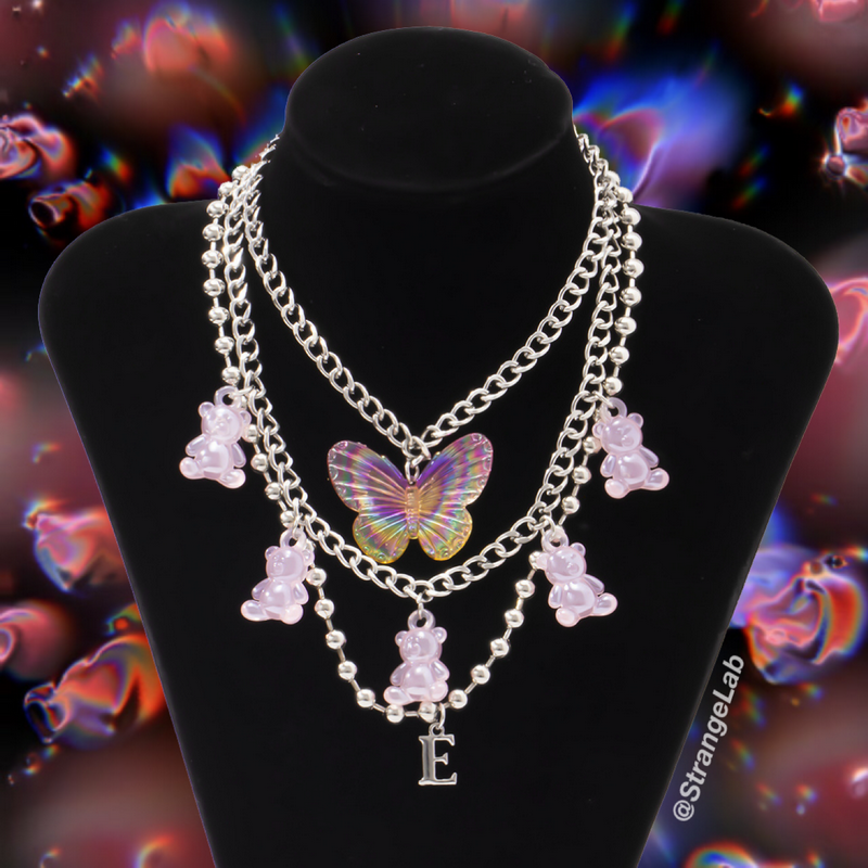 StrangeLab 3-Piece Necklace Set | Candy Bear Y2K Necklace | Iridescent Butterfly Letter Necklace necklace strangelab