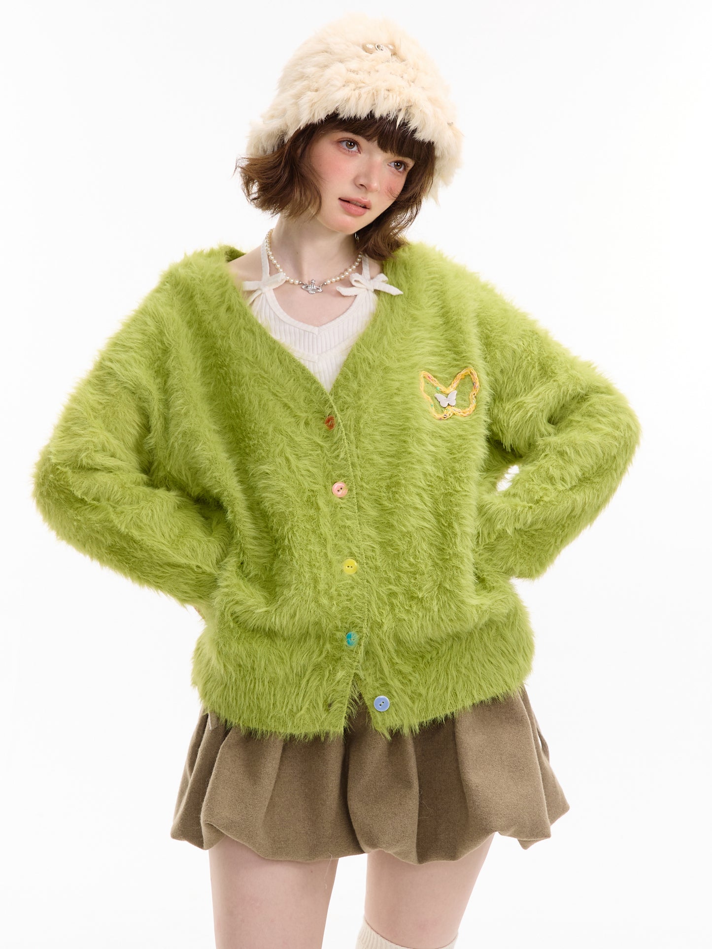 ziziFei - Y2K Soft Plush Butterfly Cardigan with Color Buttons cardigan ziziFei