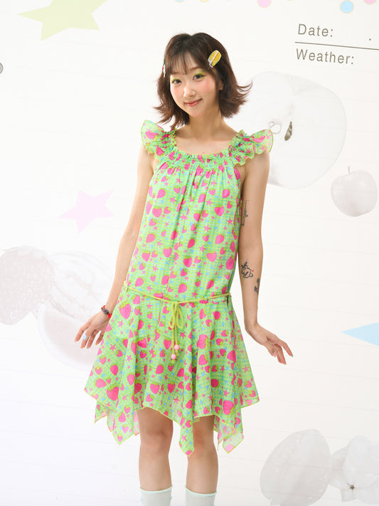 FRUITS Strawberry Dress | Illustration Asymmetric Hem Dress | Flutter Sleeve Dress dress Fruits