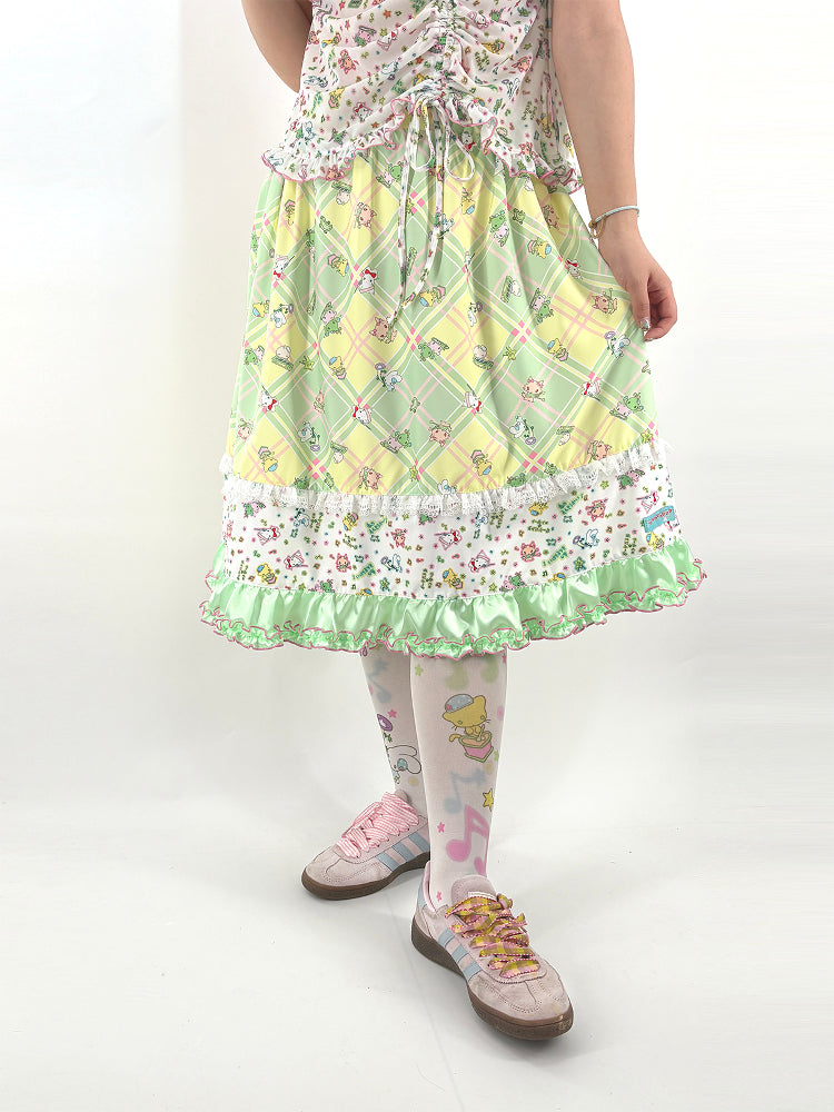 Shishihshop Green Plaid Patchwork Midi Skirt | Harajuku Vintage Ruffle Skirt skirt shishihshop
