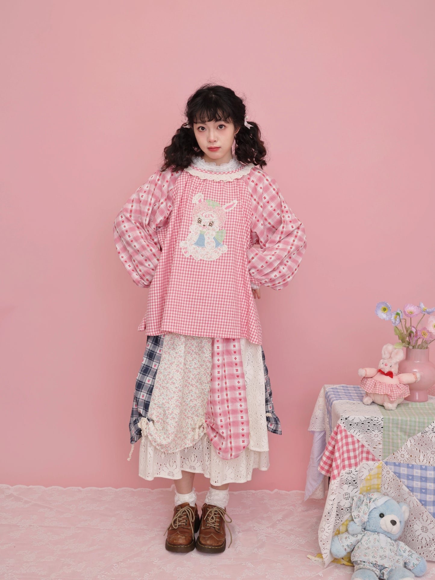SemenCoicis Sweet Shirt Pink Plaid Blouse Strawberry Rabbit Shirt Lantern Sleeve Shirt shirt SemenCoicis