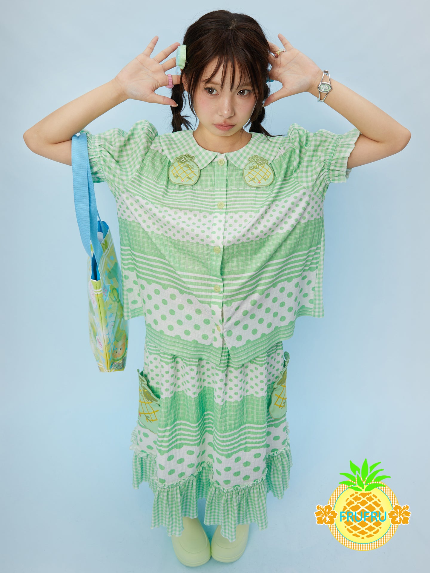FruFru - Kawaii Melon Polka Dot Blouse & Skirt Set set frufru
