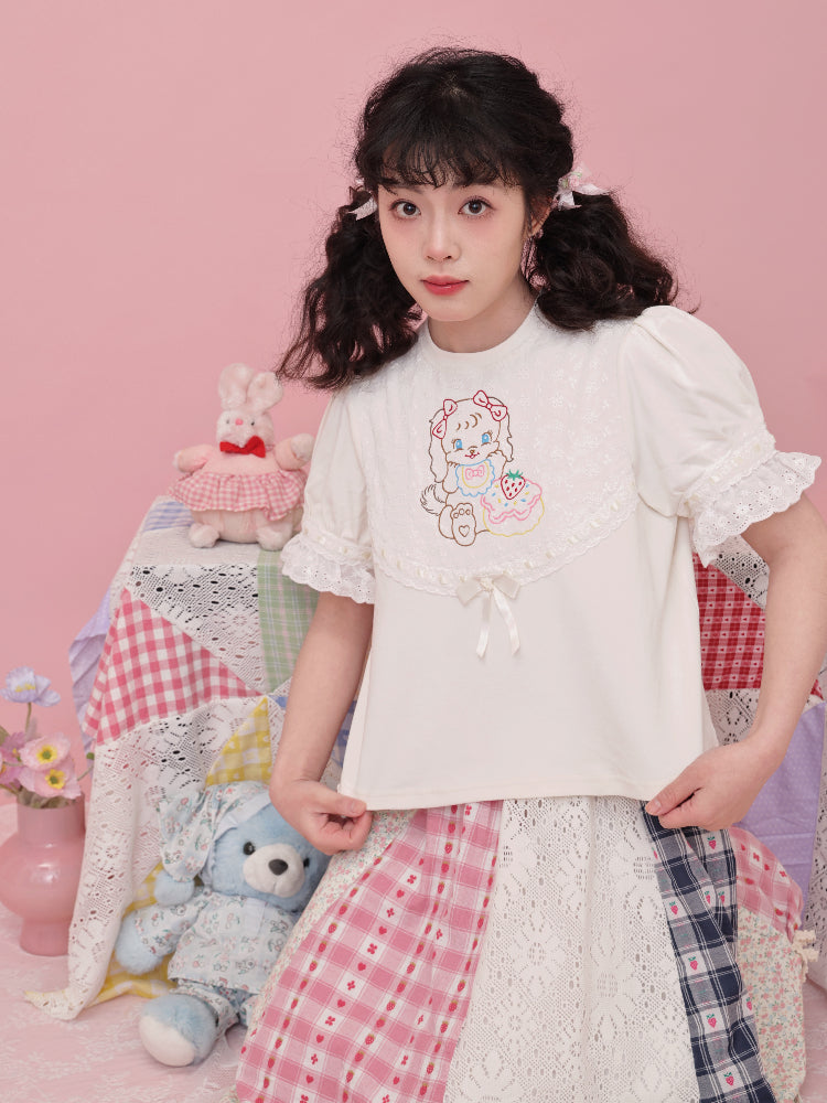 SemenCoicis T-shirt Sweet Girl T-shirt Embroidered Ribbon T-shirt tshirt SemenCoicis