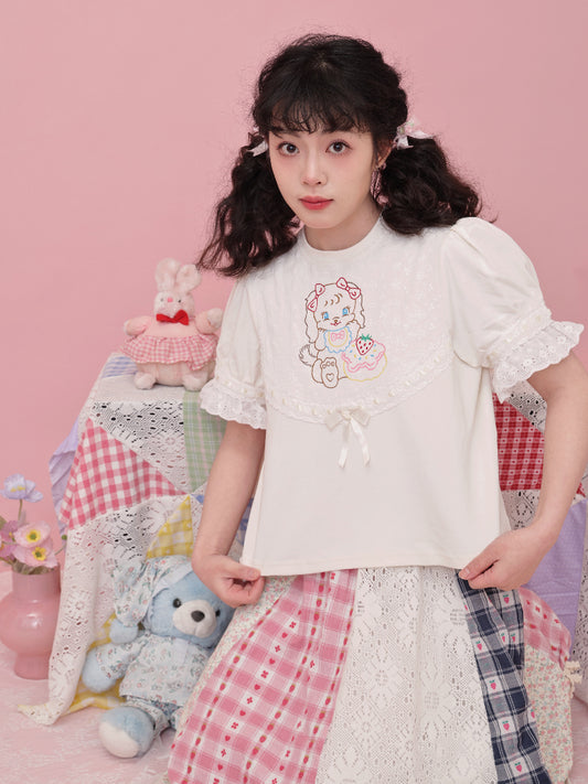 SemenCoicis T-shirt Sweet Girl T-shirt Embroidered Ribbon T-shirt tshirt SemenCoicis