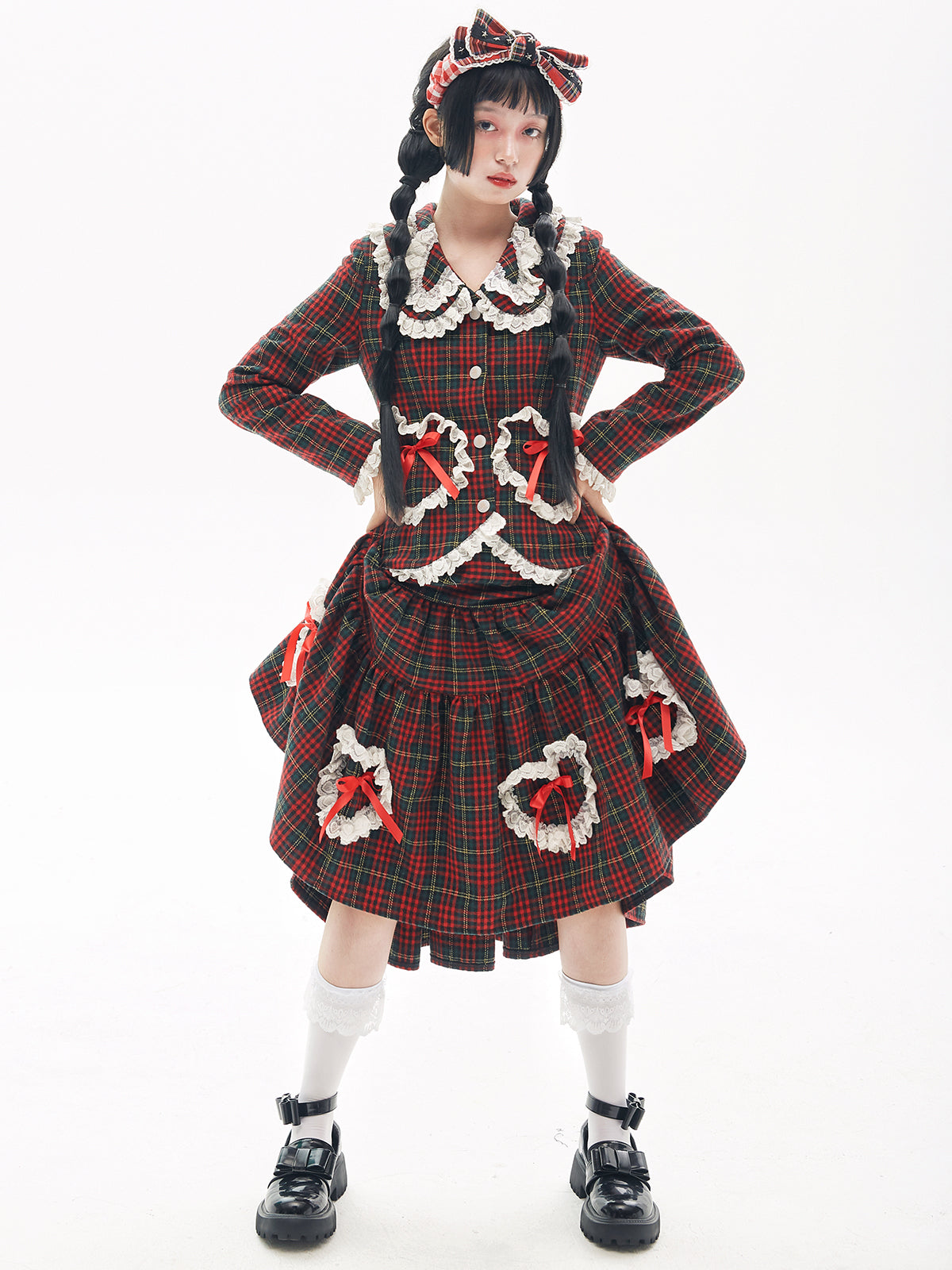 SOS MEME CLUB - Showa Retro Christmas Red Lace Trim Skirt skirt SOS MEME CLUB