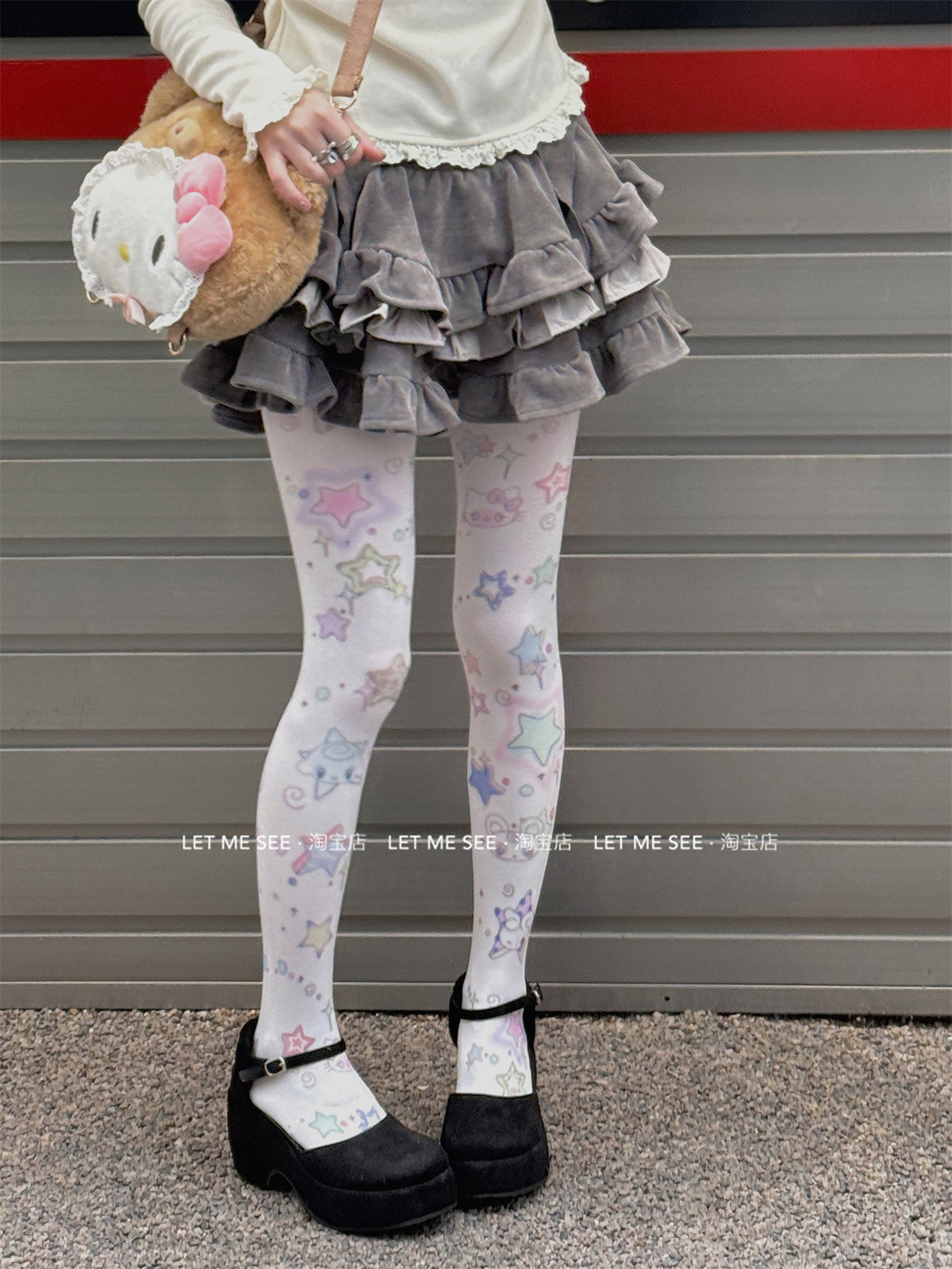 LET ME SEE Printed Velvet Tights | White Japanese-Style Pantyhose tights let me see