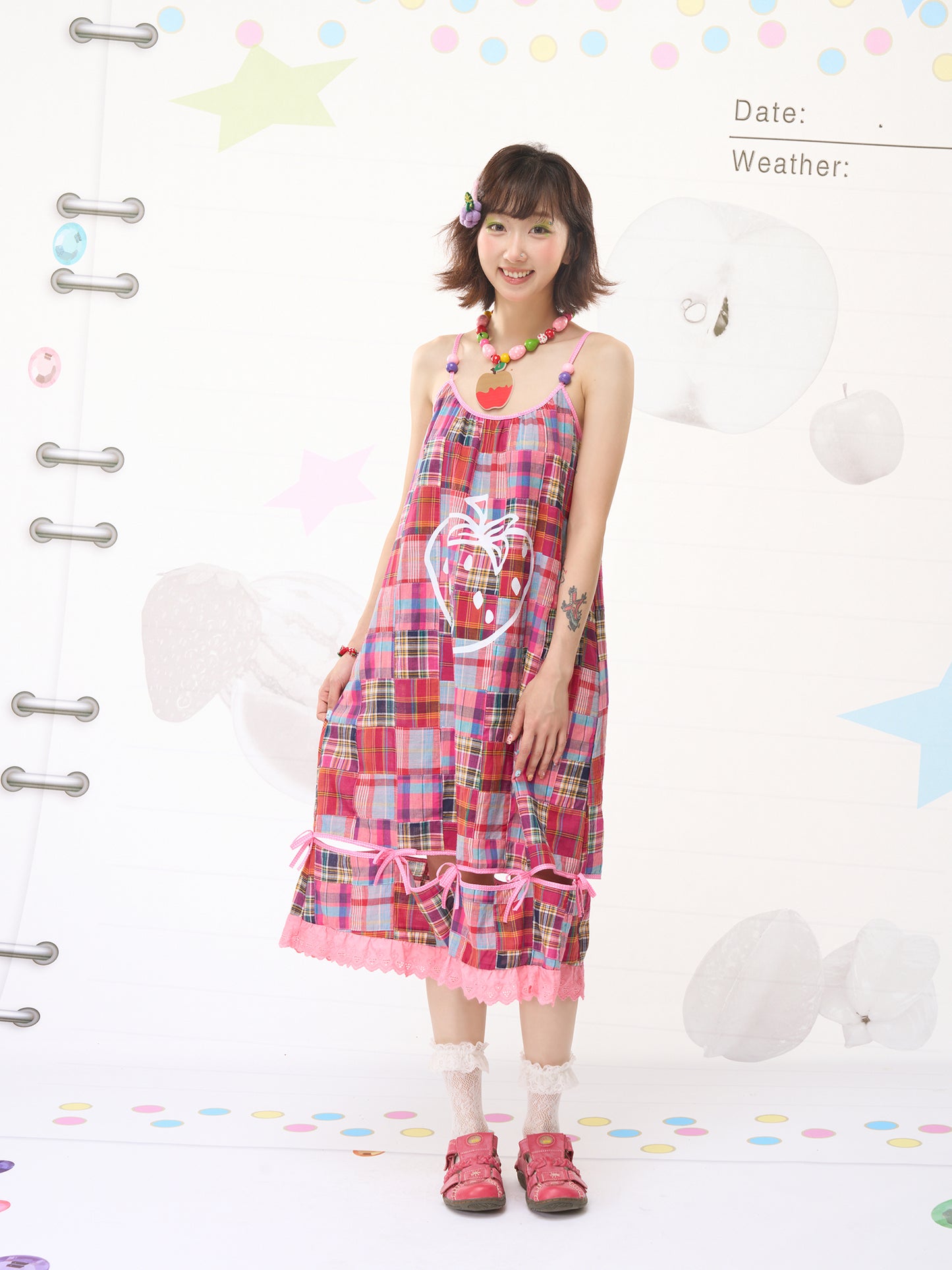 FRUITS Checkered Dress | Red Patchwork Strap Dress dress Fruits