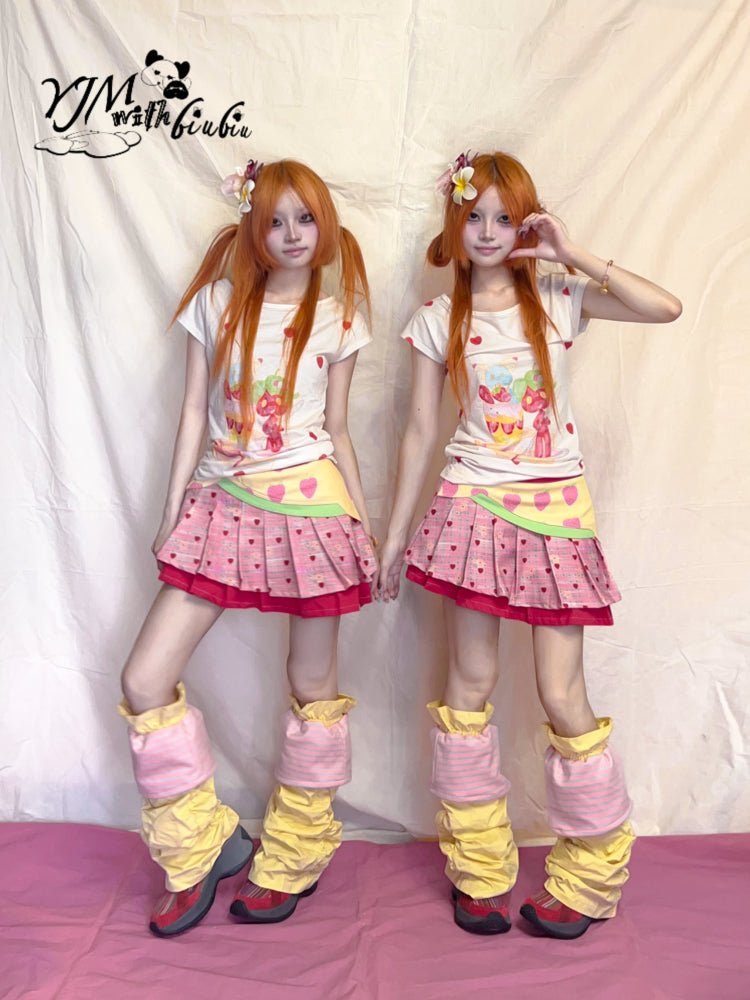 YJM with biubiu Strawberry Skirt | Asymmetrical Low-Waist Skirt with Shorts skirt YJM with biubiu