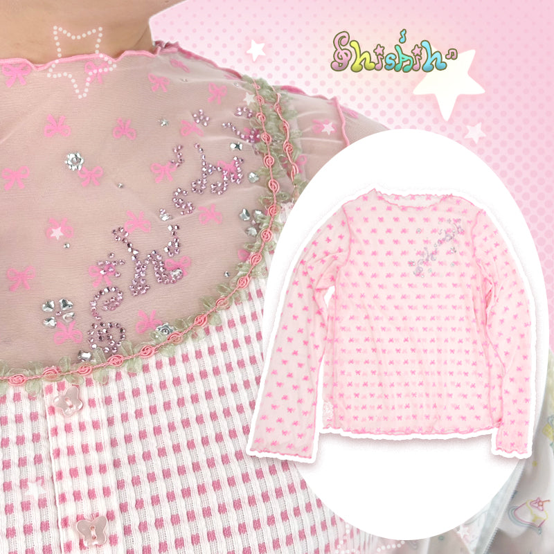 Shishihshop Pink Bow Shirt | Mesh Top | Millennium Y2K Rhinestone Tee