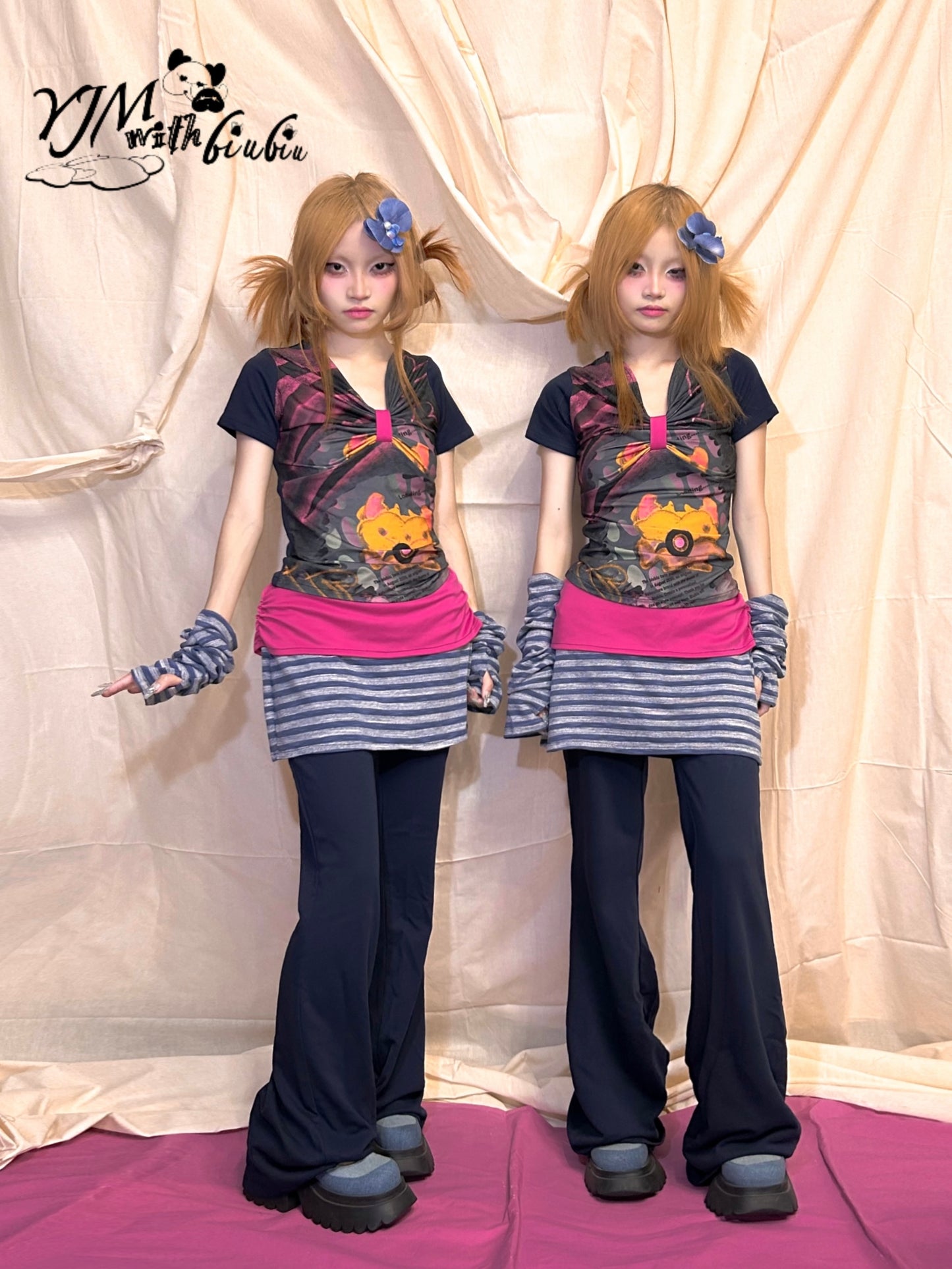 YJM with biubiu Royal Blue Striped Pants | Fold-Over Waist Skort Pants pants YJM with biubiu