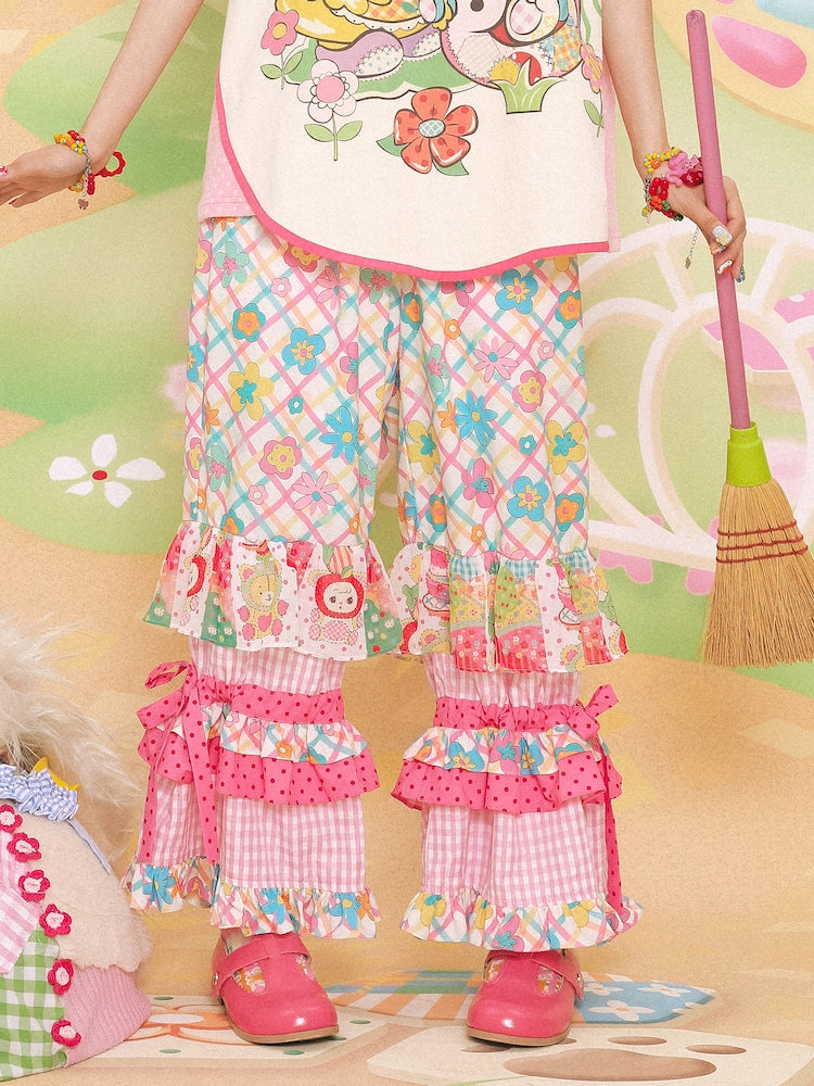 Lutra Jump Pants Patchwork Printed Pants Plaid Pink Elastic Cake Pants pants Lutra Jump