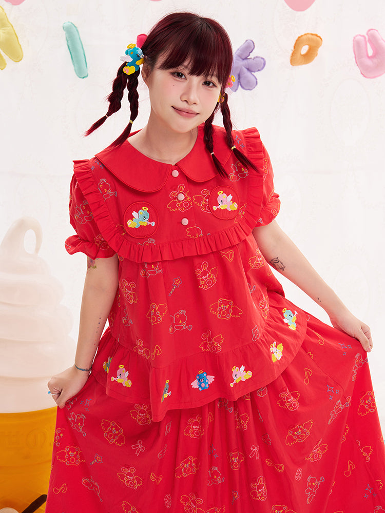 NIKKOU Cute Japanese Doll Collar Blouse | Harajuku Heavy Embroidery Red Shirt blouse Nikkou home