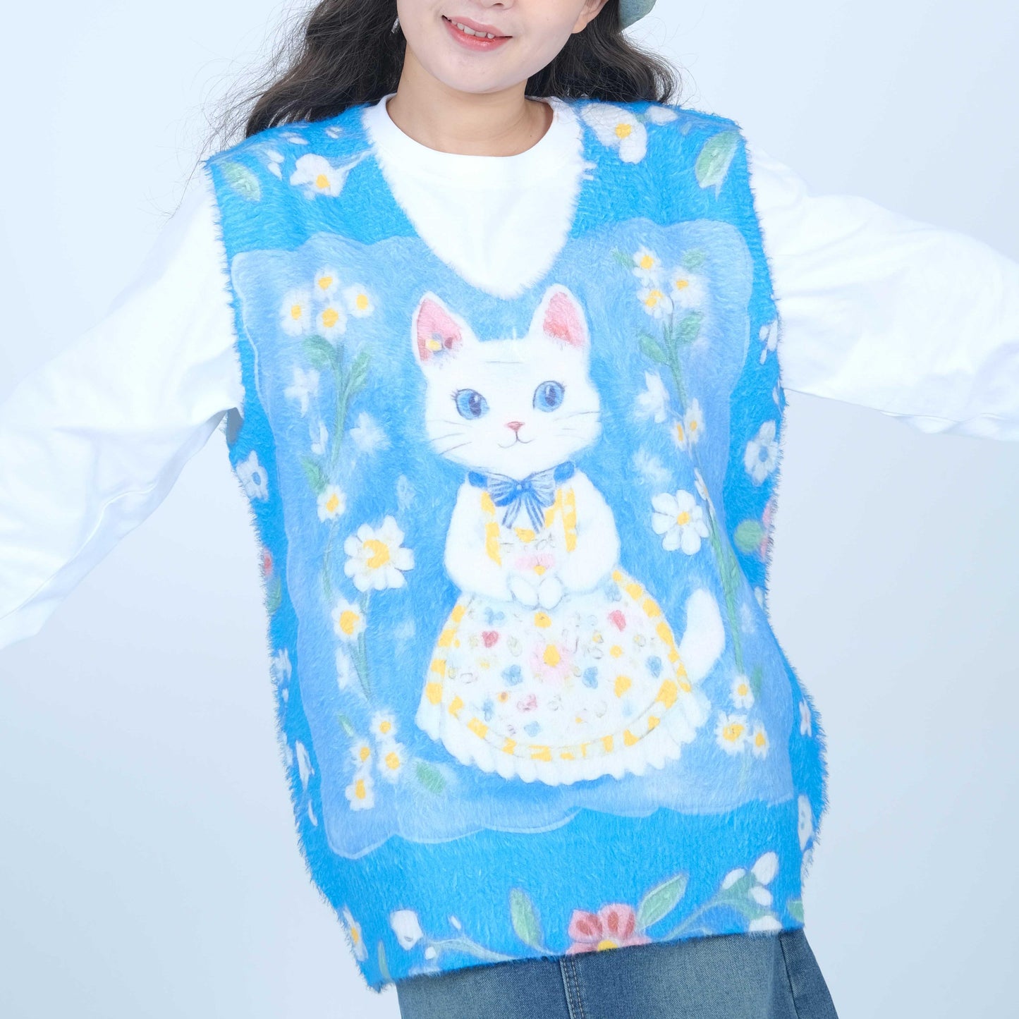 MeowMeow Bug β Decora Kei Fuzzy Cat Wreath Knit Vest vest MeowMeow Bug