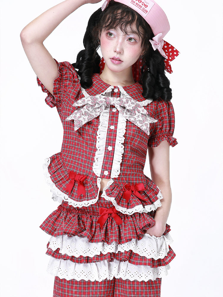 Kawaii Red Plaid Short Sleeve Shirt - Showa Lace Bow - SOS MEME CLUB Kawaii Red Plaid Short Sleeve Shirt - Showa Lace Bow - SOS MEME CLUB
