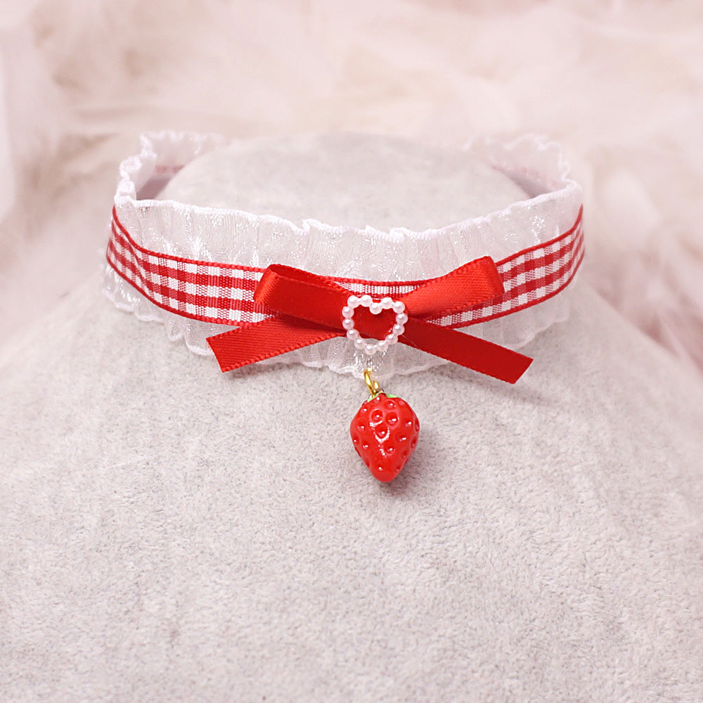 Kawaii Red Bow Strawberry Lace Choker Necklace - MaoJiang | Land Decora