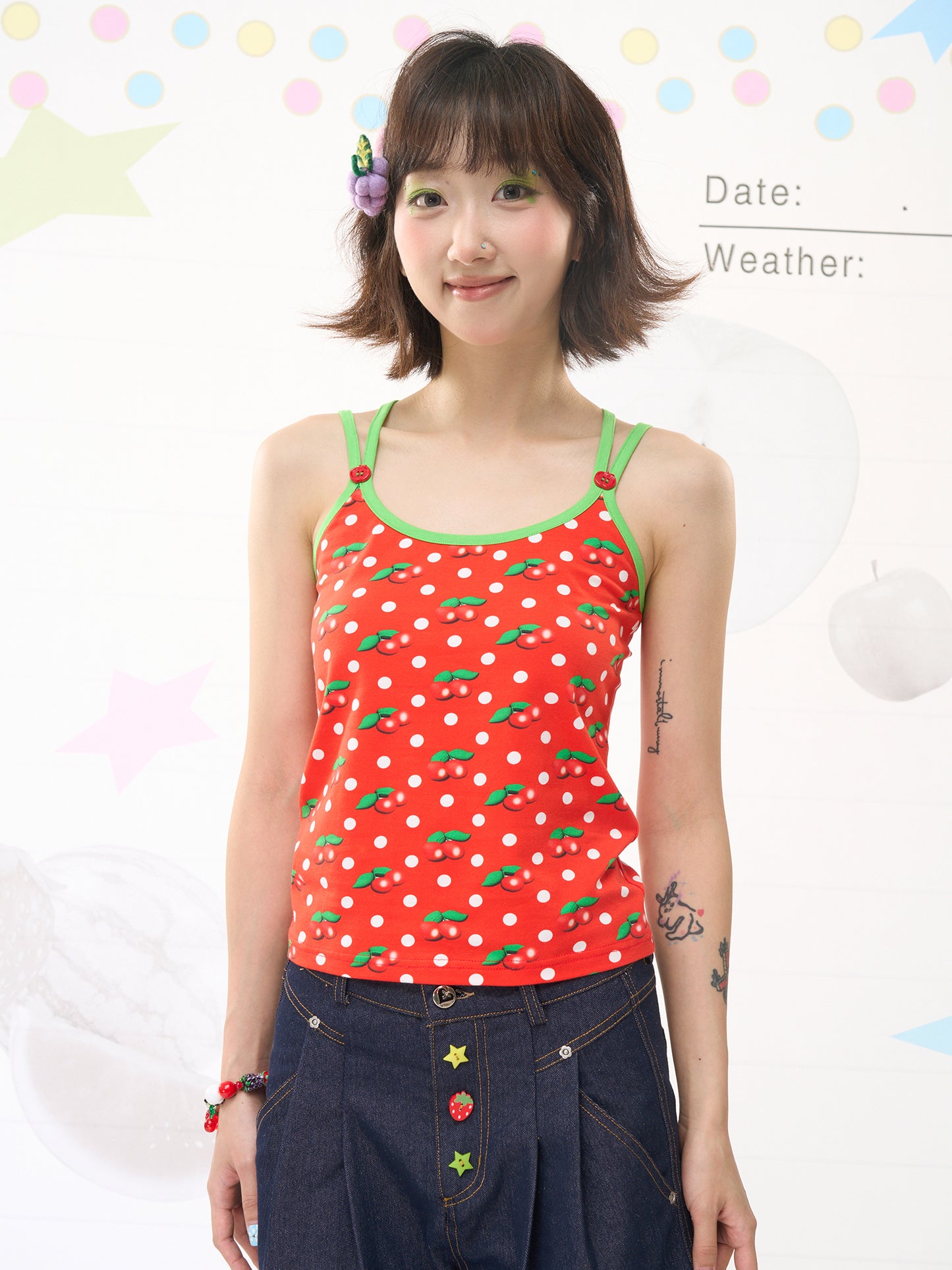 FRUITS Red Cherry Knit Tank Top | Original Cherry Dot Print Camisole camisole Fruits