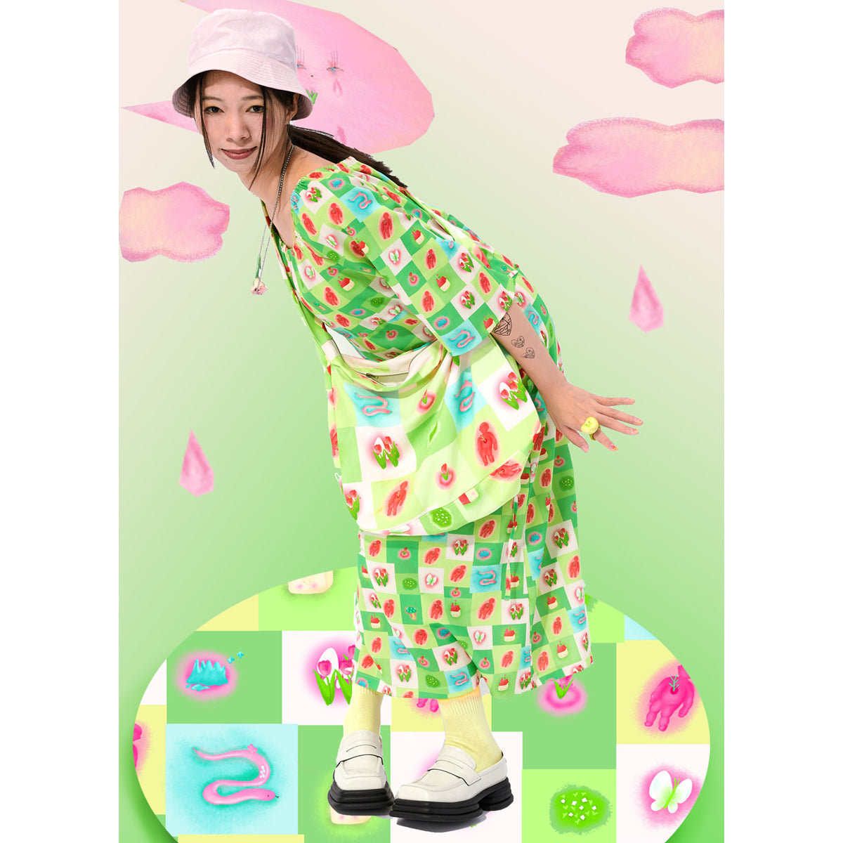 Harajuku Dress Green Floral Dress Summer Plaid Design Cute Unique Dress dress Moon Meadow