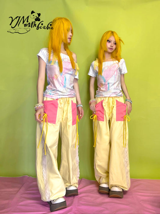 YJM with biubiu Sweetheart Pants | Yellow Splice Bow Loose Long Pants pants YJM with biubiu