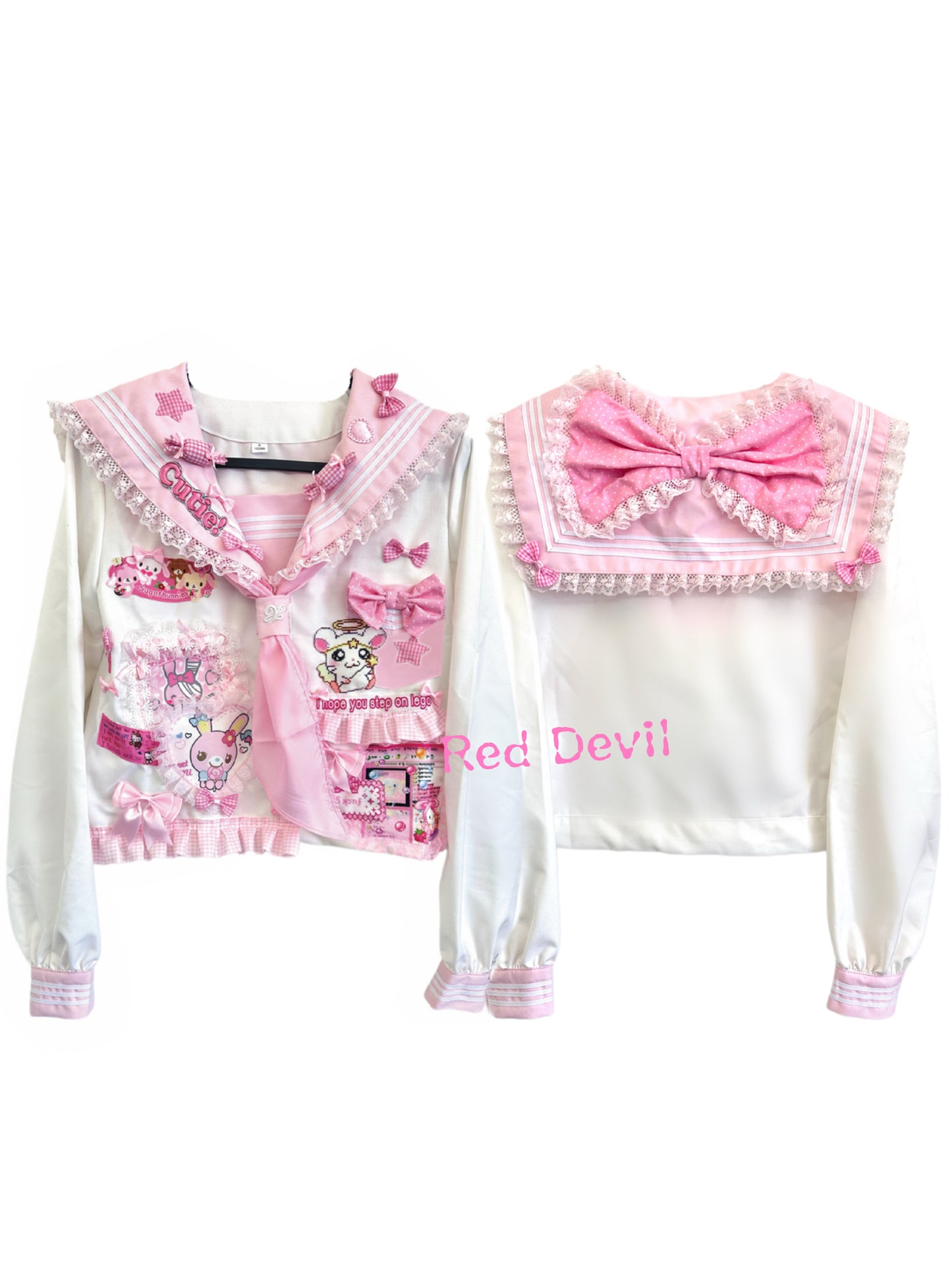 Red Devil Set Decora Kei Jacket Skirt Harajuku Lace Bow Sailor Set set Red Devil