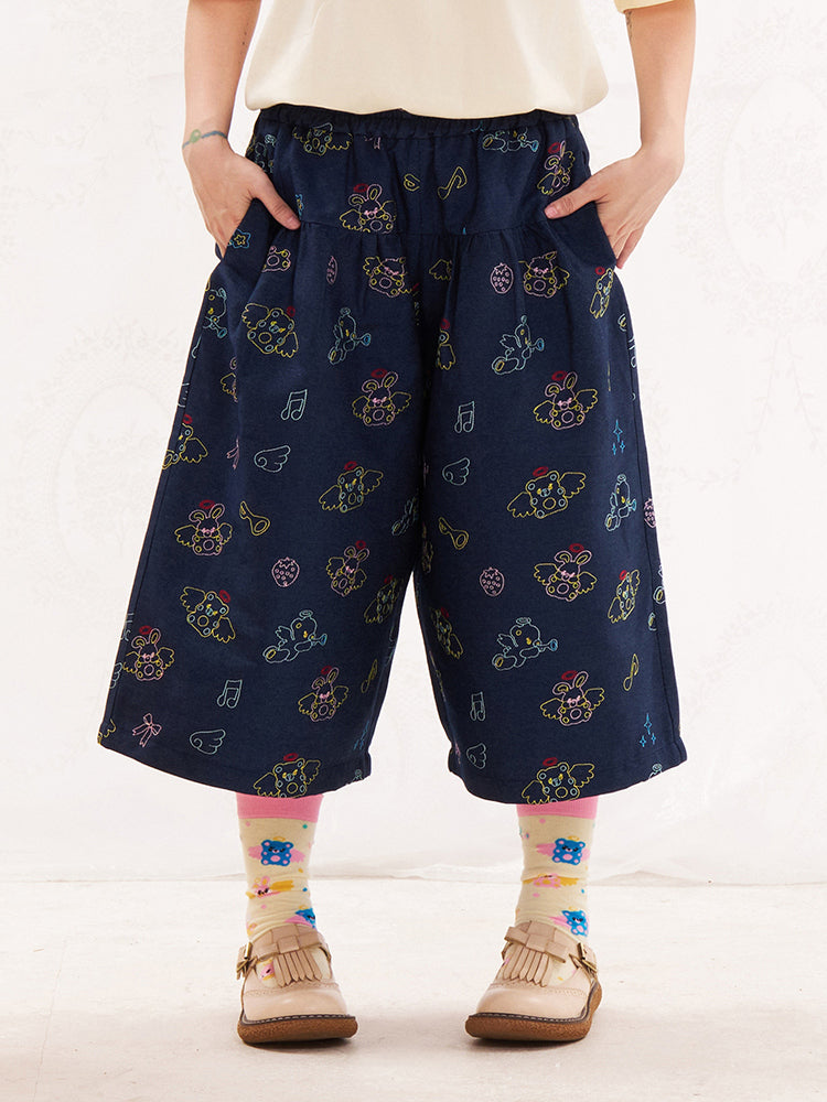 NIKKOU Kawaii Denim Cropped Pants | Harajuku Embroidered Capri Pants pants Nikkou home navy S