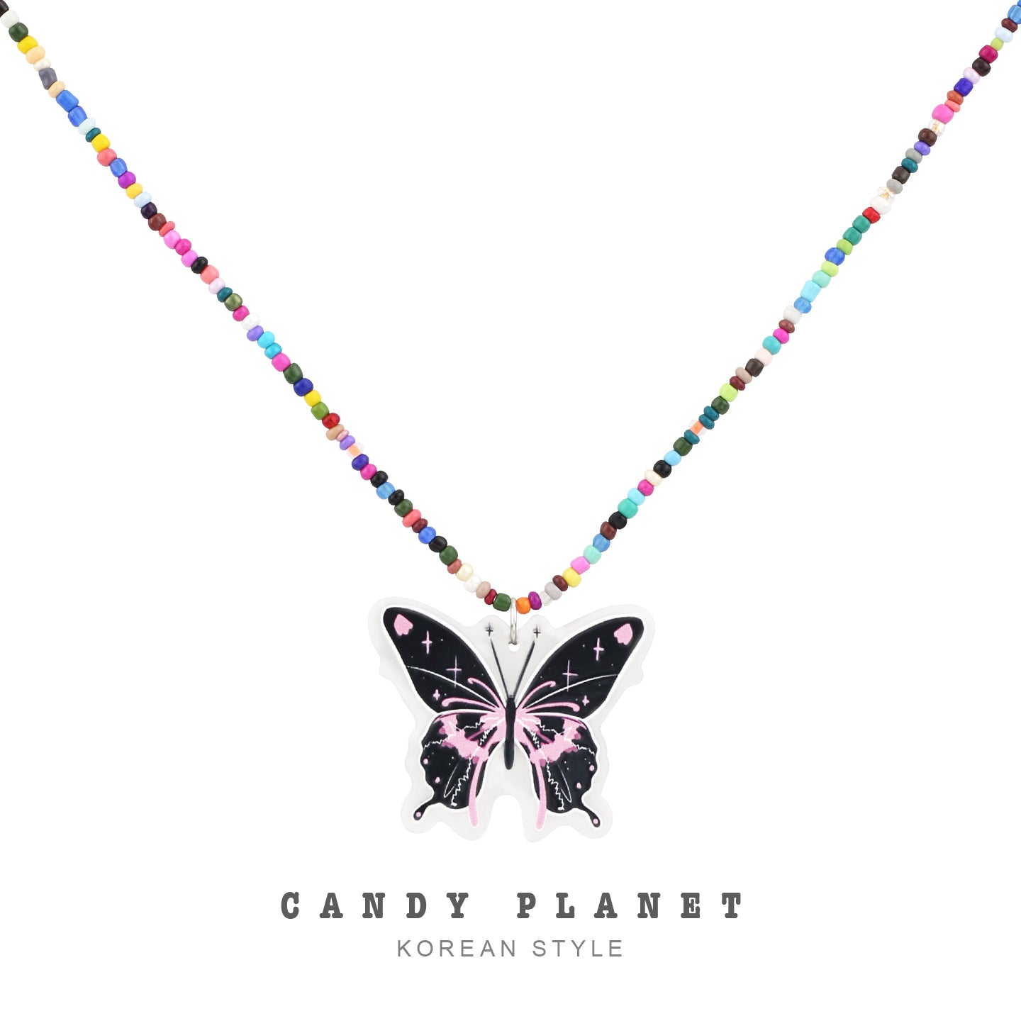 Candy Planet - Decora Kei Black Pink Butterfly Beaded Necklace necklace candy planet