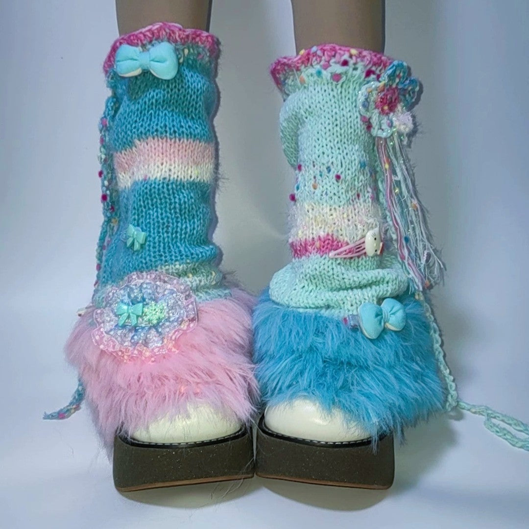 Blue Pink Knit Slouch Leg Warmers leg warmmers Handmade