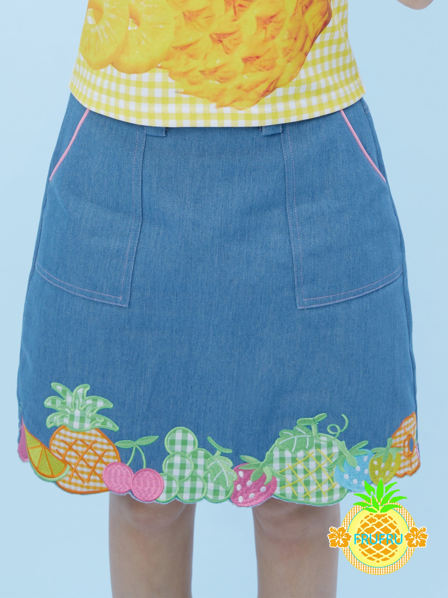 Frufru Blue Denim Mini Skirt | Fruit Embroidery Kawaii Skirt skirt frufru
