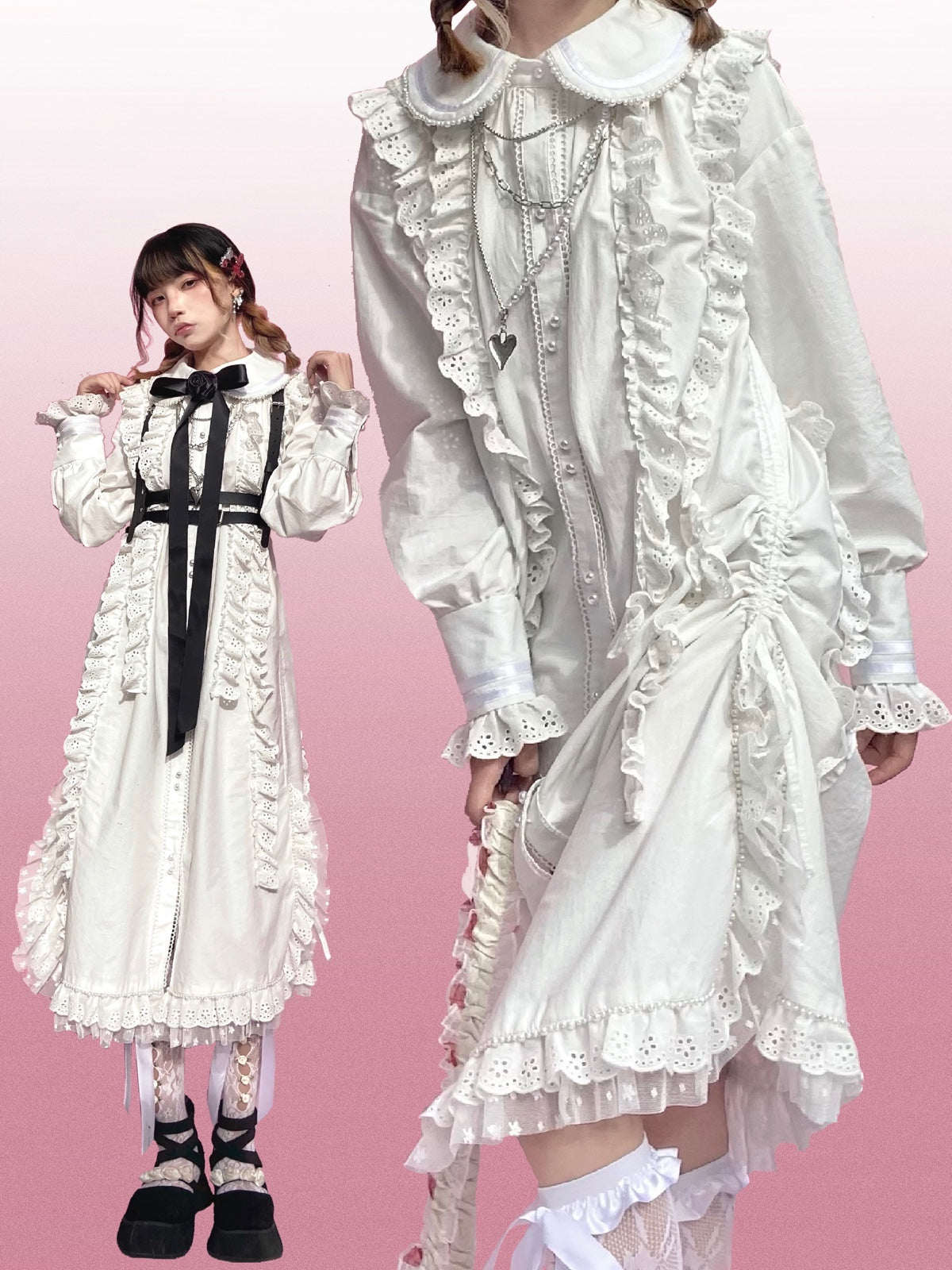 ShiChang White Punk Dress | Sweet-Cool Cotton Dress | Vintage Girl Aesthetic dress ShiChang