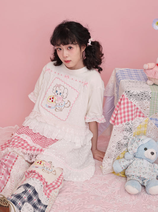 SemenCoicis Sweet T-shirt Girl Handmade T-shirt Embroidered Ribbon Lace T-shirt shirt SemenCoicis