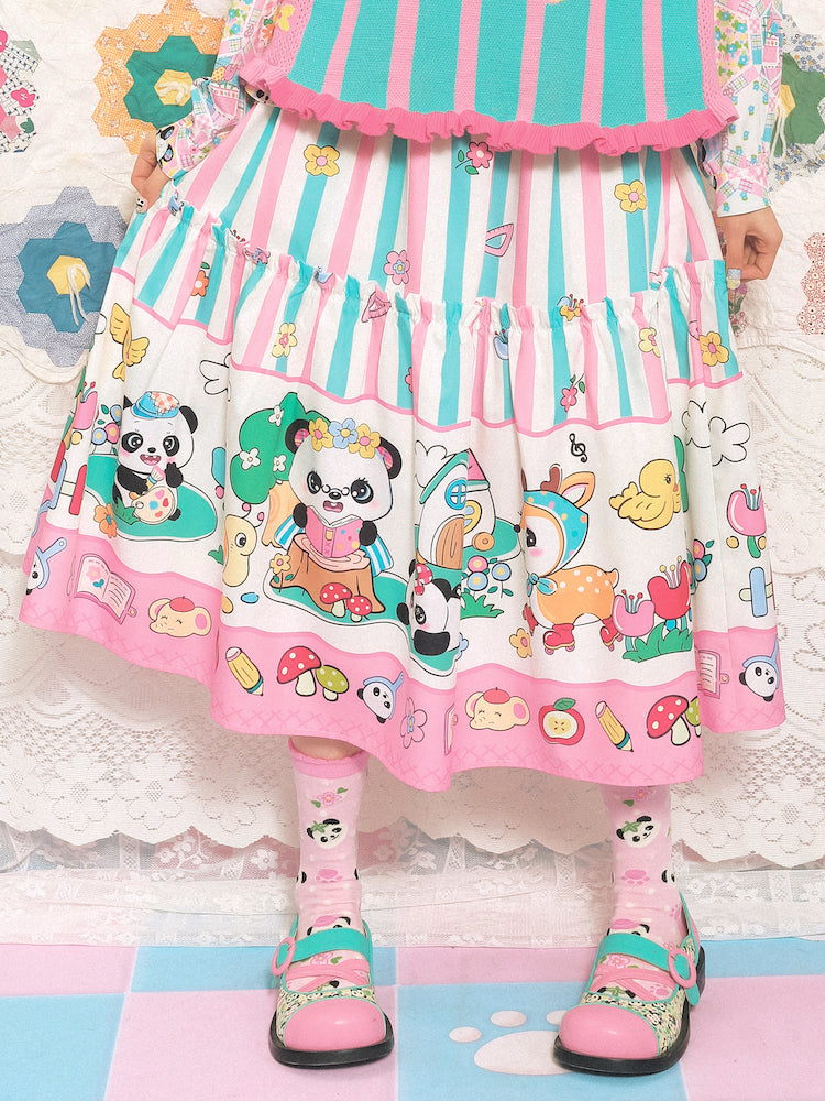 Lutra Jump Skirt Pink Green Striped Skirt Panda Cartoon Long Skirt skirt Lutra Jump