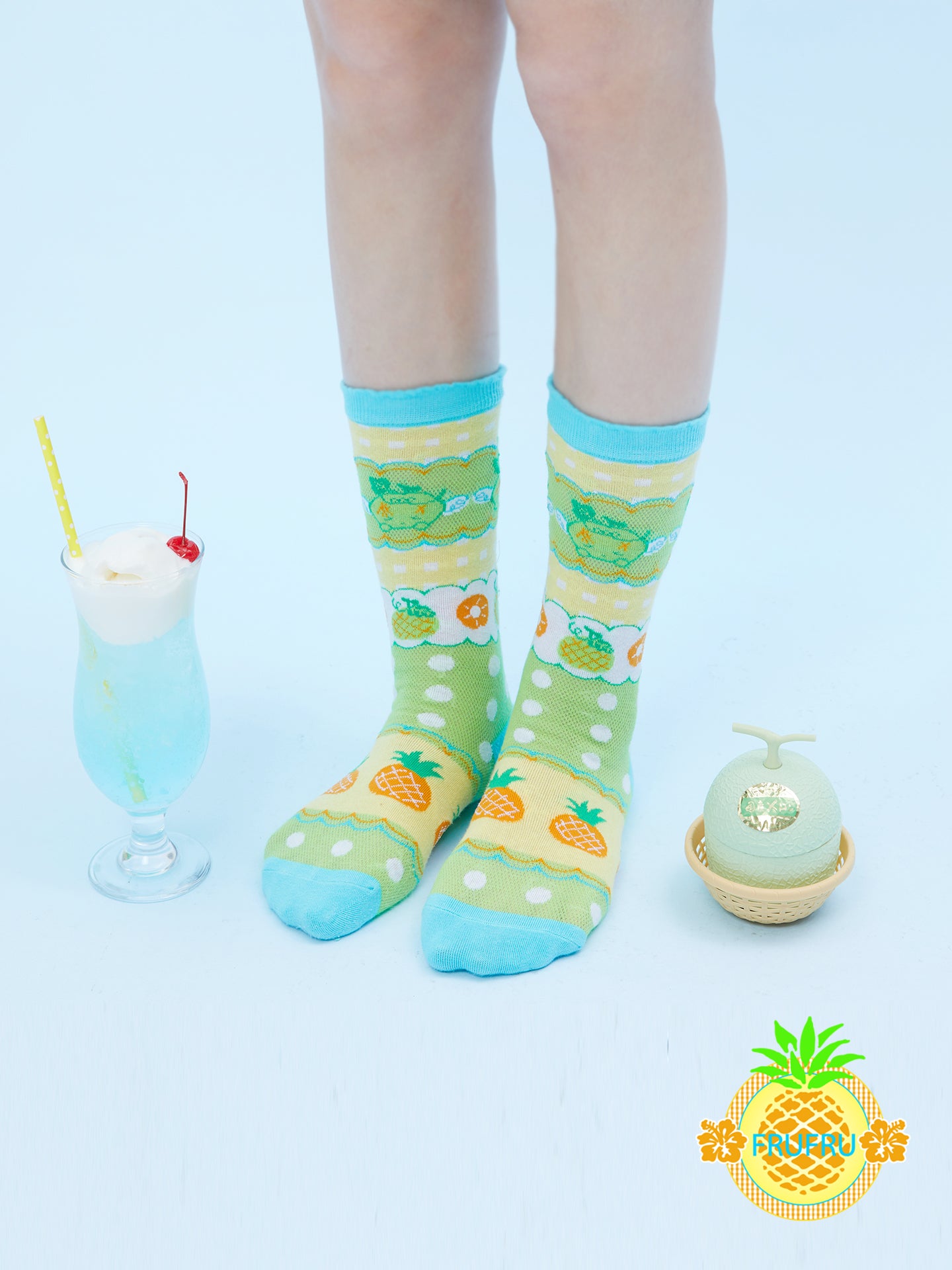 Frufru Cute Hami Melon Illustration Cotton Socks | Kawaii Fruit Print Ankle Socks sock frufru