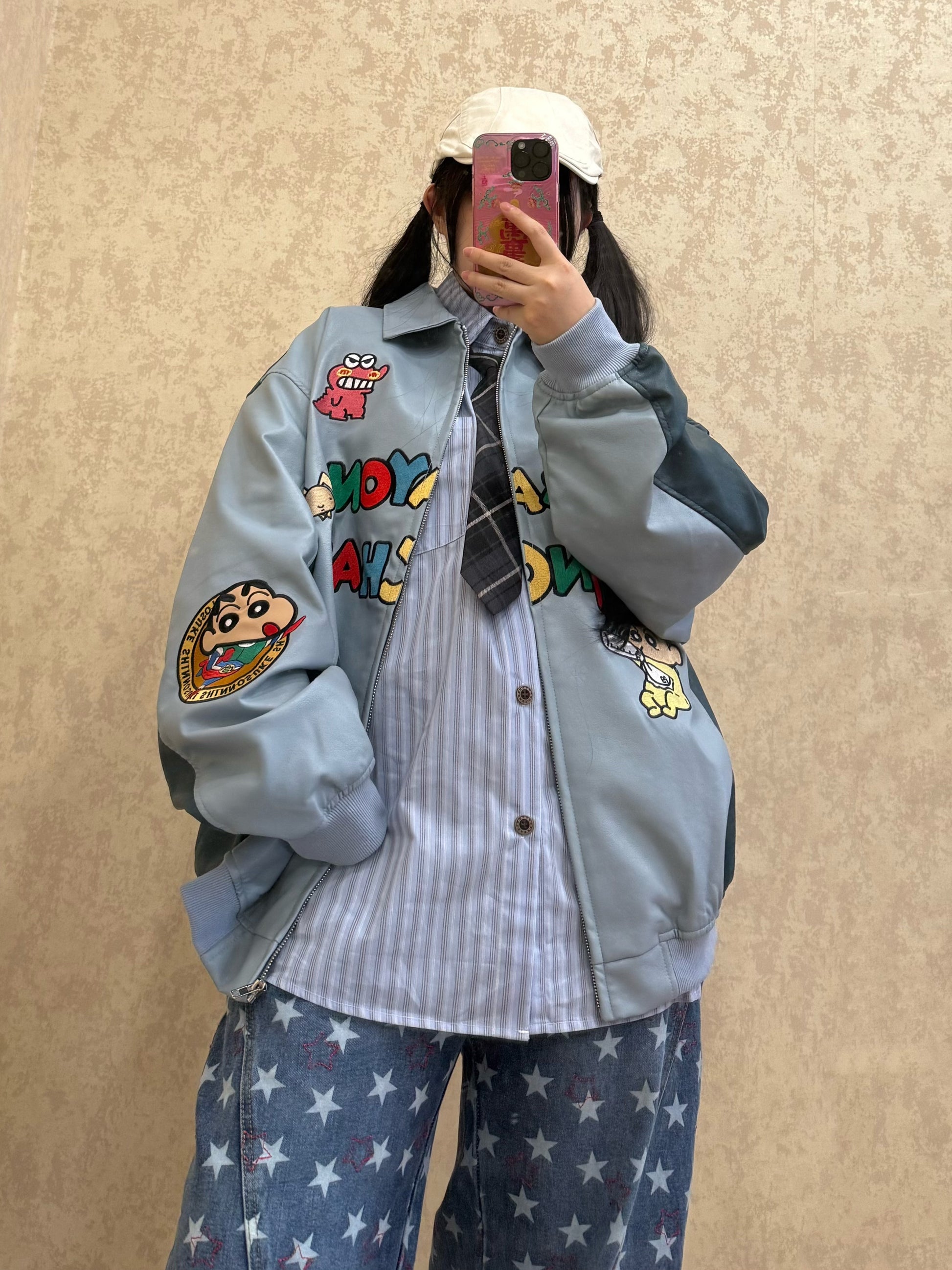 BIBULU - Kidcore Baseball Jacket Blue Embroidered PU Unisex jacket BIBULU