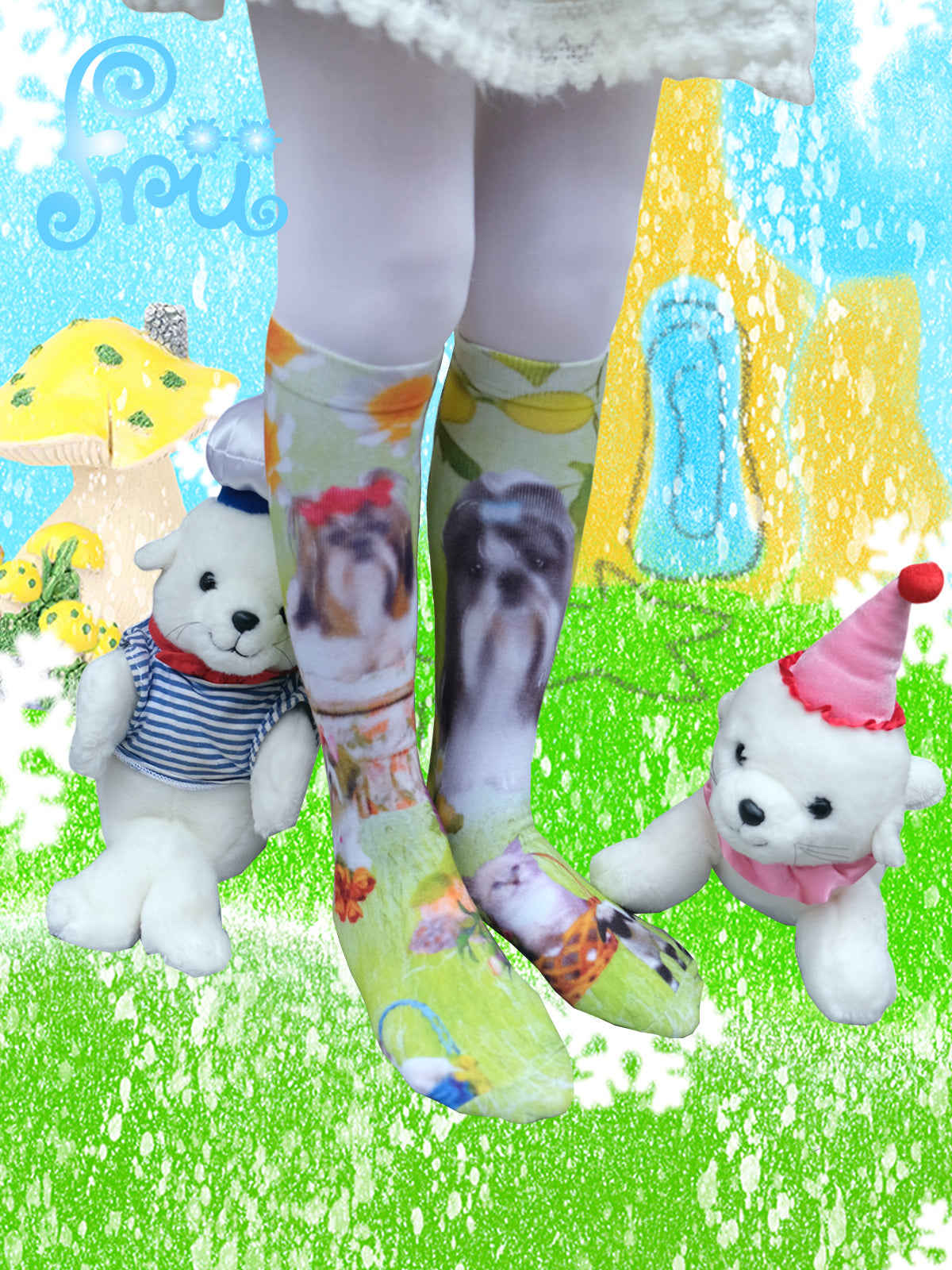 frufru Winter Dog Print Socks | Versatile Green Cute Mid-Calf Socks sock frufru
