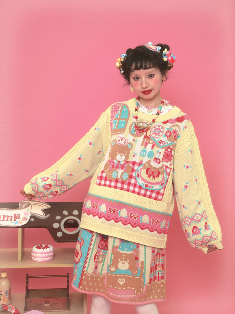 Lutra Jump Sweater Yellow Bear Lace Sweater Vintage Knitted Pullover Sweater sweater Lutra Jump