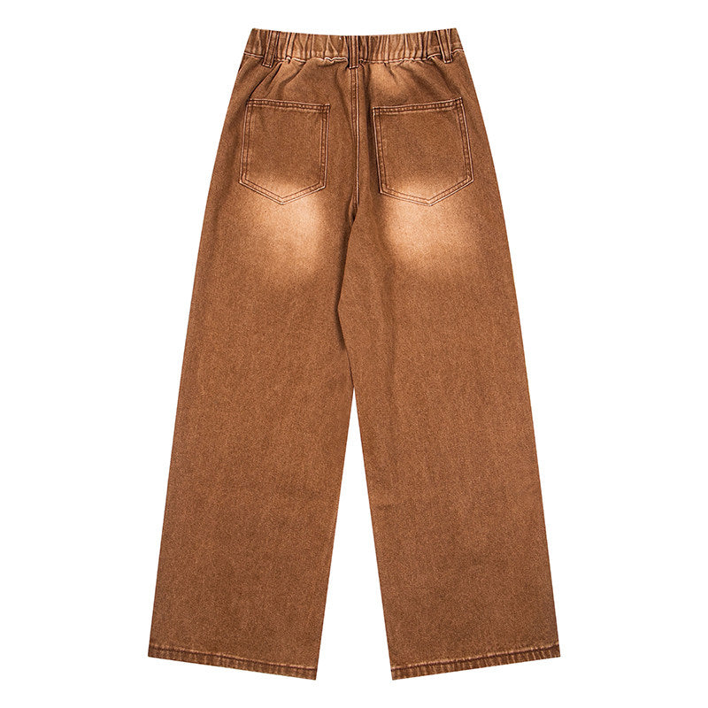 BIBULU - Brown Vintage Cat Dog Embroidered Wide-Leg Jeans pants BIBULU