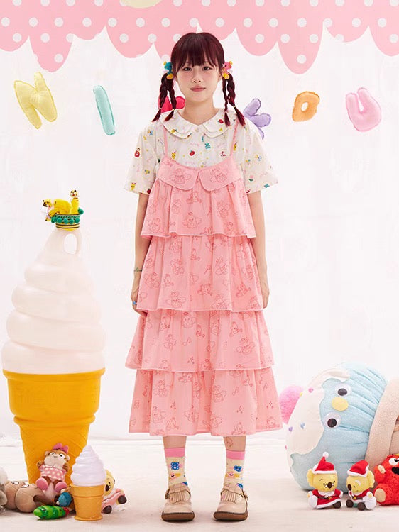 NIKKOU Pink Kawaii Adjustable Strap Jumper | Harajuku Angel Bunny Tiered Dress dress Nikkou home