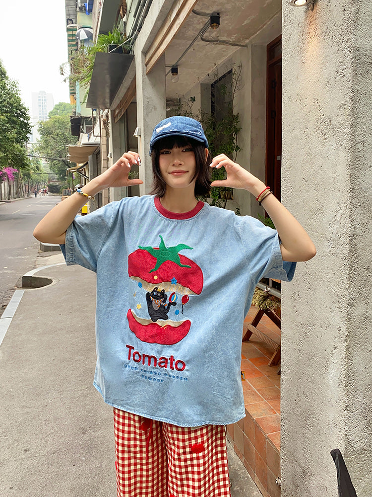BIBULU - Kidcore Embroidered Cat Apple Tee Oversized tshirt BIBULU