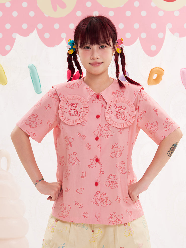 NIKKOU Pink Bunny Embroidered Shirt | Harajuku Bunny Collar Blouse blouse Nikkou home
