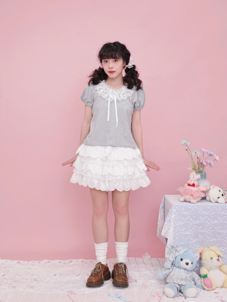 SemenCoicis Vintage Ruffle Collar Tee | Kawaii Puff Sleeve Cotton Top tshirt SemenCoicis