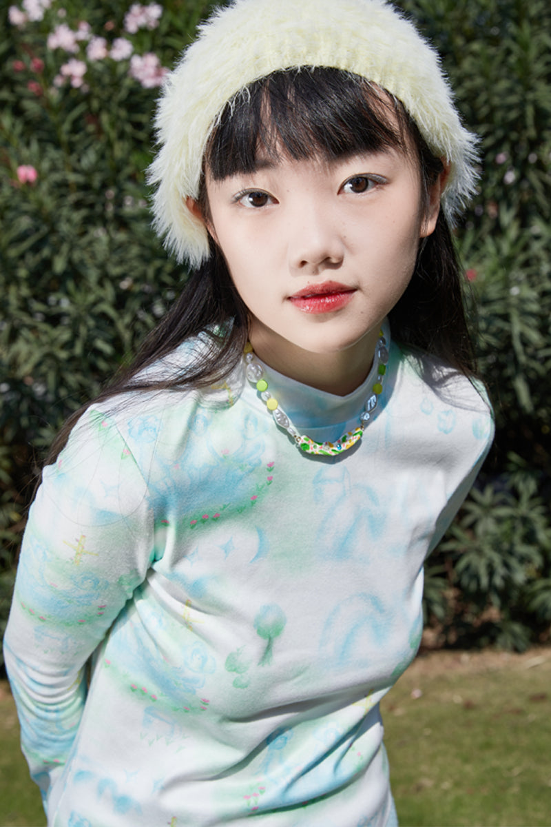Harajuku Undershirt Blue Cute Versatile Undershirt Stand Collar Print Undershirt shirt Moon Meadow