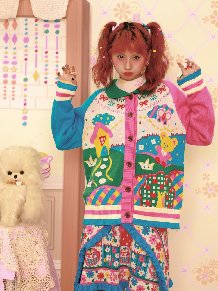 Lutra Jump Cardigan Cartoon Retro Cardigan Color-Blocked Collar Knitted Sweater cardigan Lutra Jump