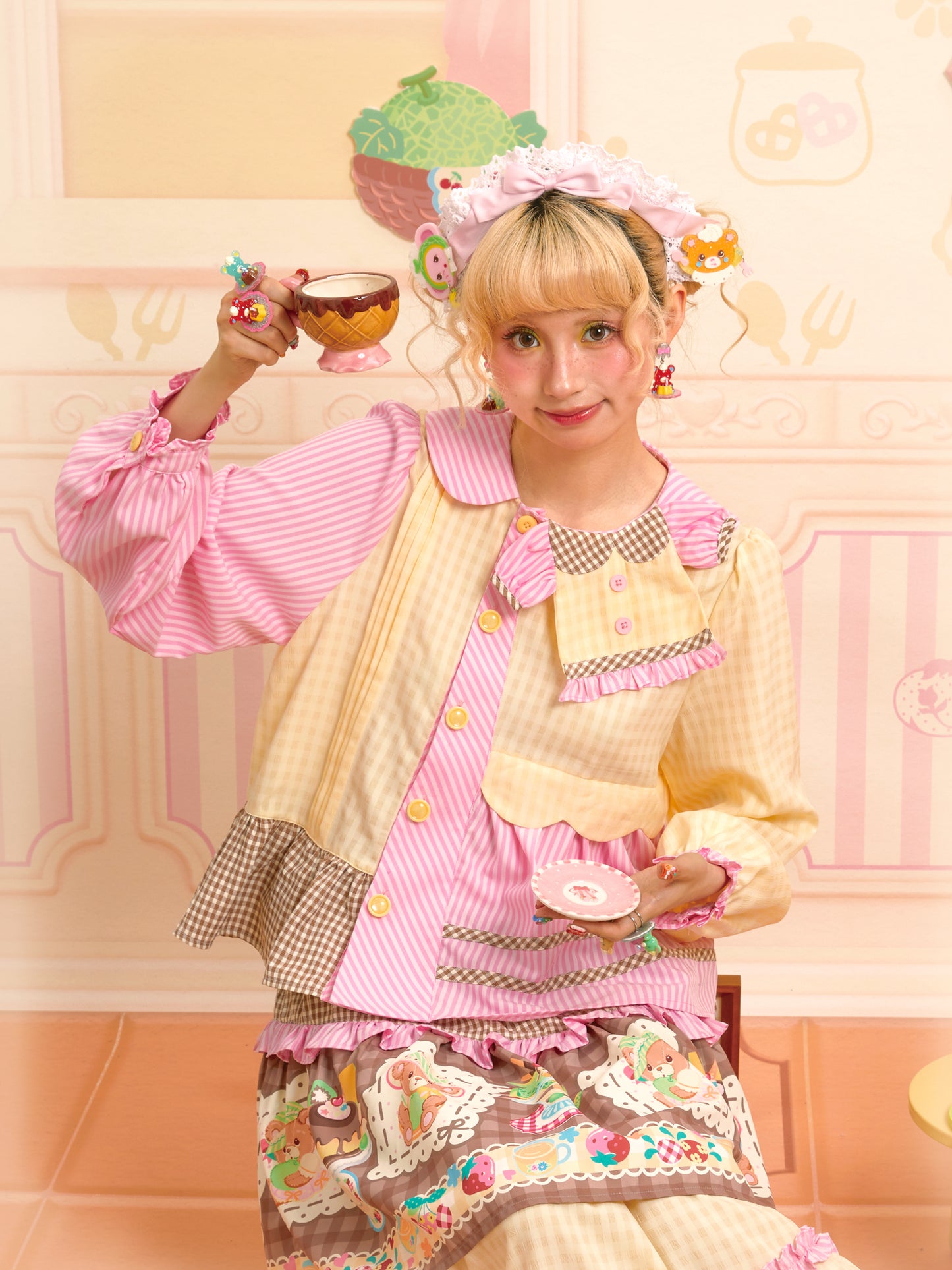 Lutra Jump - Decora Kei Pink Yellow Patchwork Shirt blouse Lutra Jump