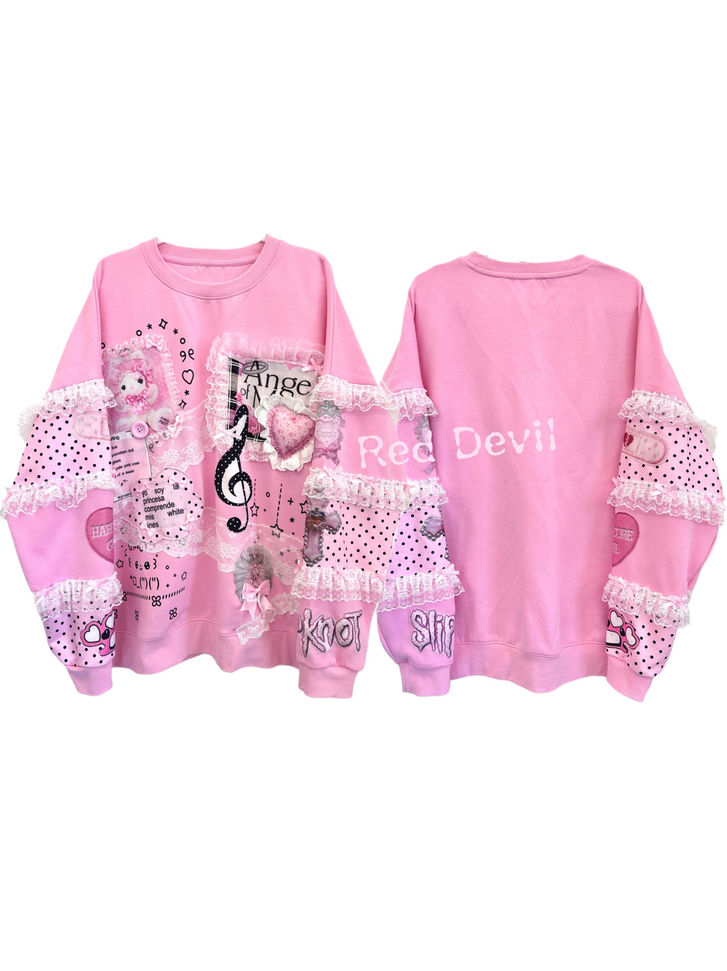 Red Devil Sweatshirt Decora Kei Sweatshirt Pink Lace Patchwork Plush Size Sweatshirt sweater Red Devil