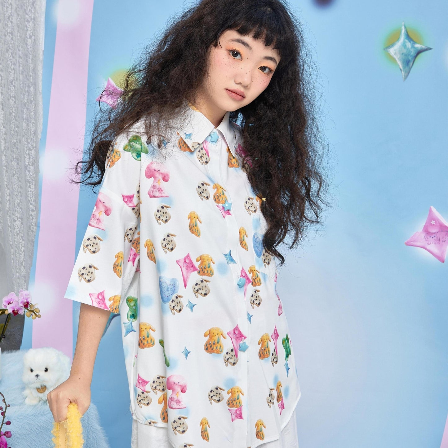 Harajuku Shirt White Dog Print Shirt Cute Summer Short Sleeve Shirt shirt Moon Meadow