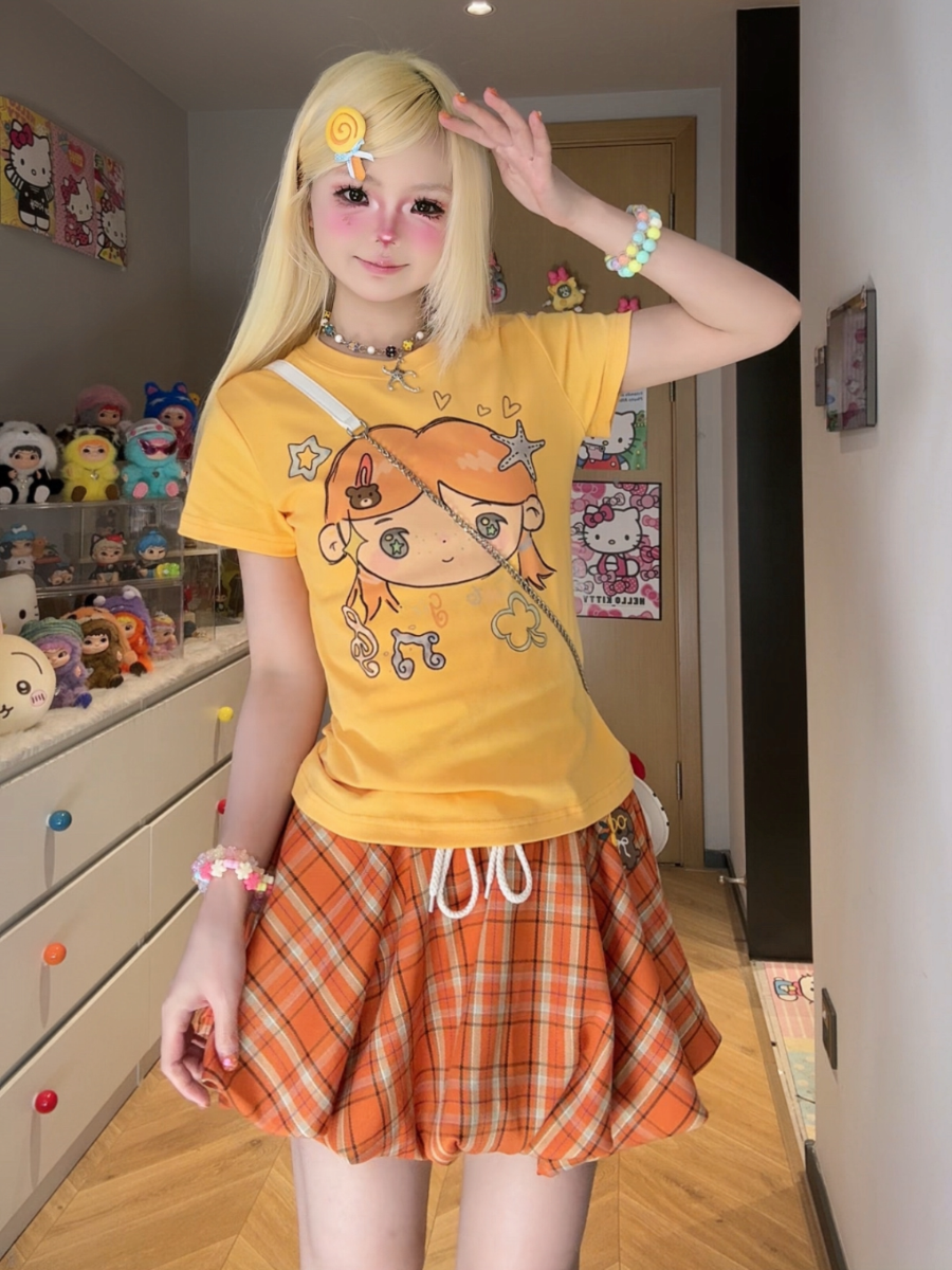Cute Lin Dopamine Cartoon Tee | Kawaii Slim Fit T-shirt tshirt cute lin Orange S