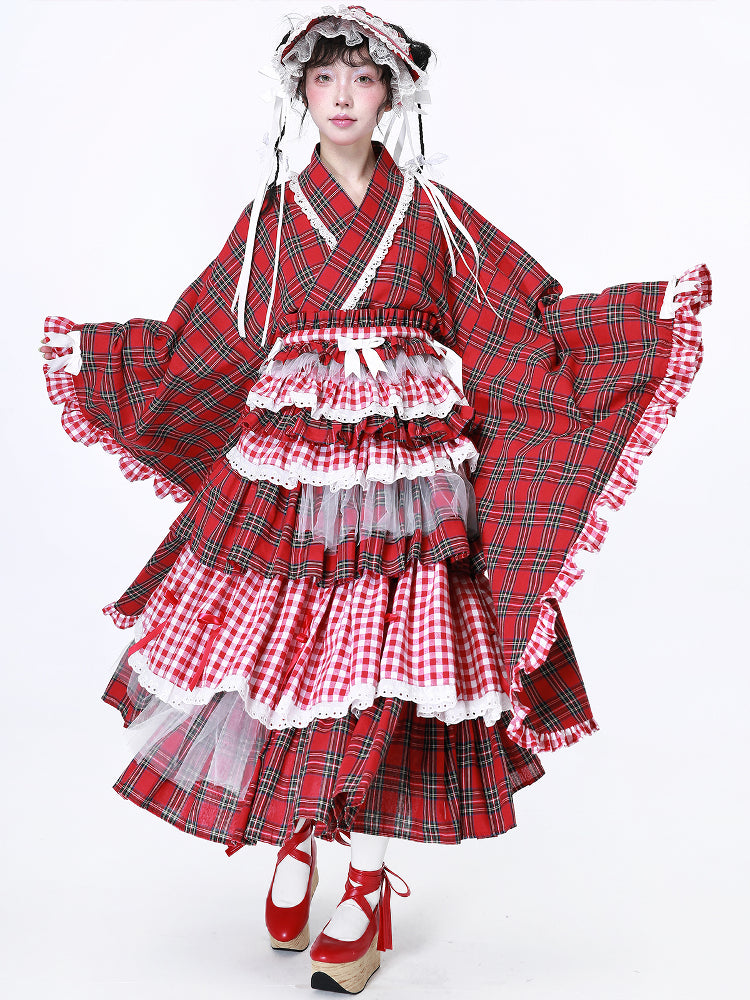 SOS MEME CLUB – Showa Red Plaid Modified Kimono Skirt skirt SOS MEME CLUB