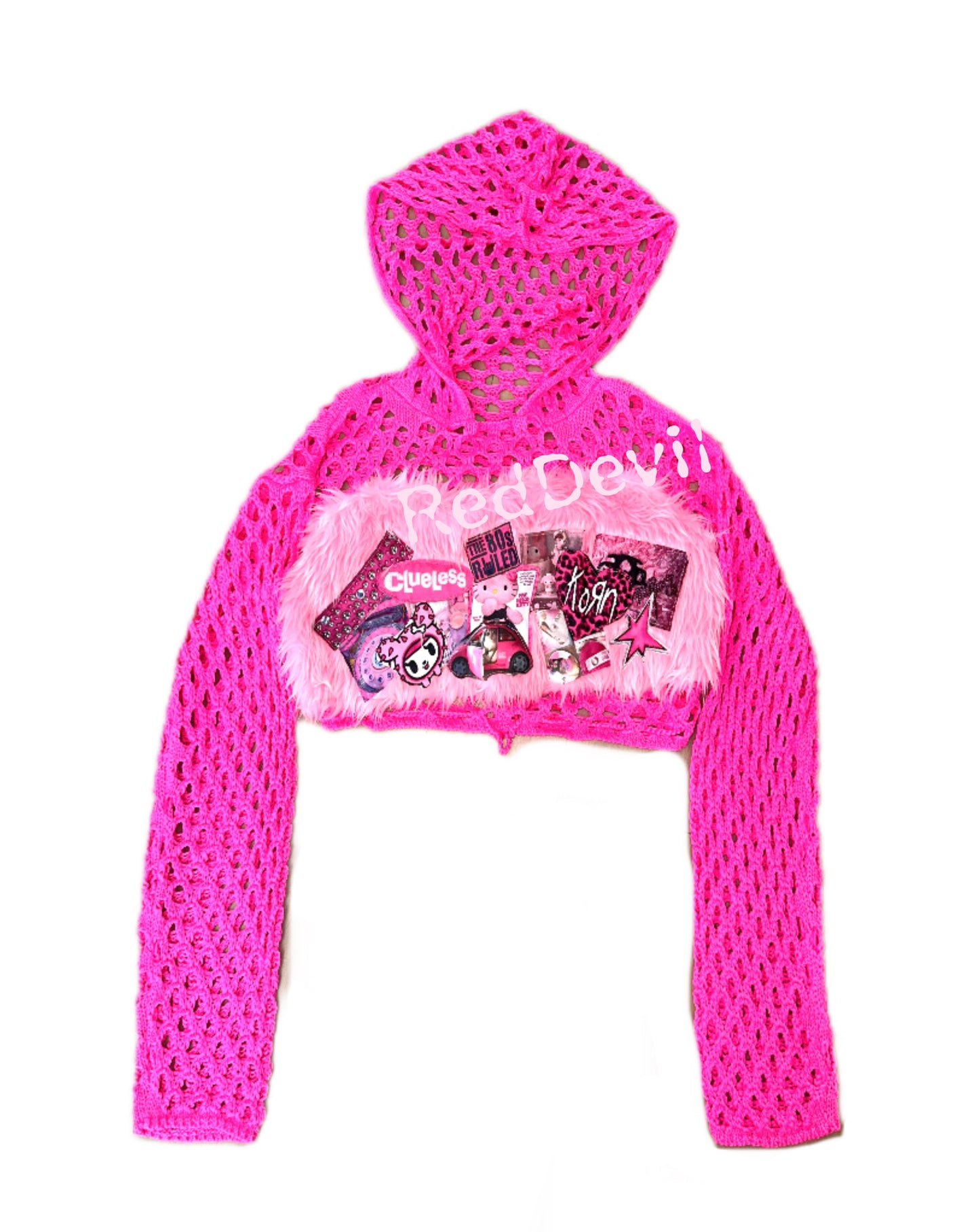 Red Devil Sweater Y2K Shibuya Gal Mesh Fur Knit Crop Top sweater Red Devil