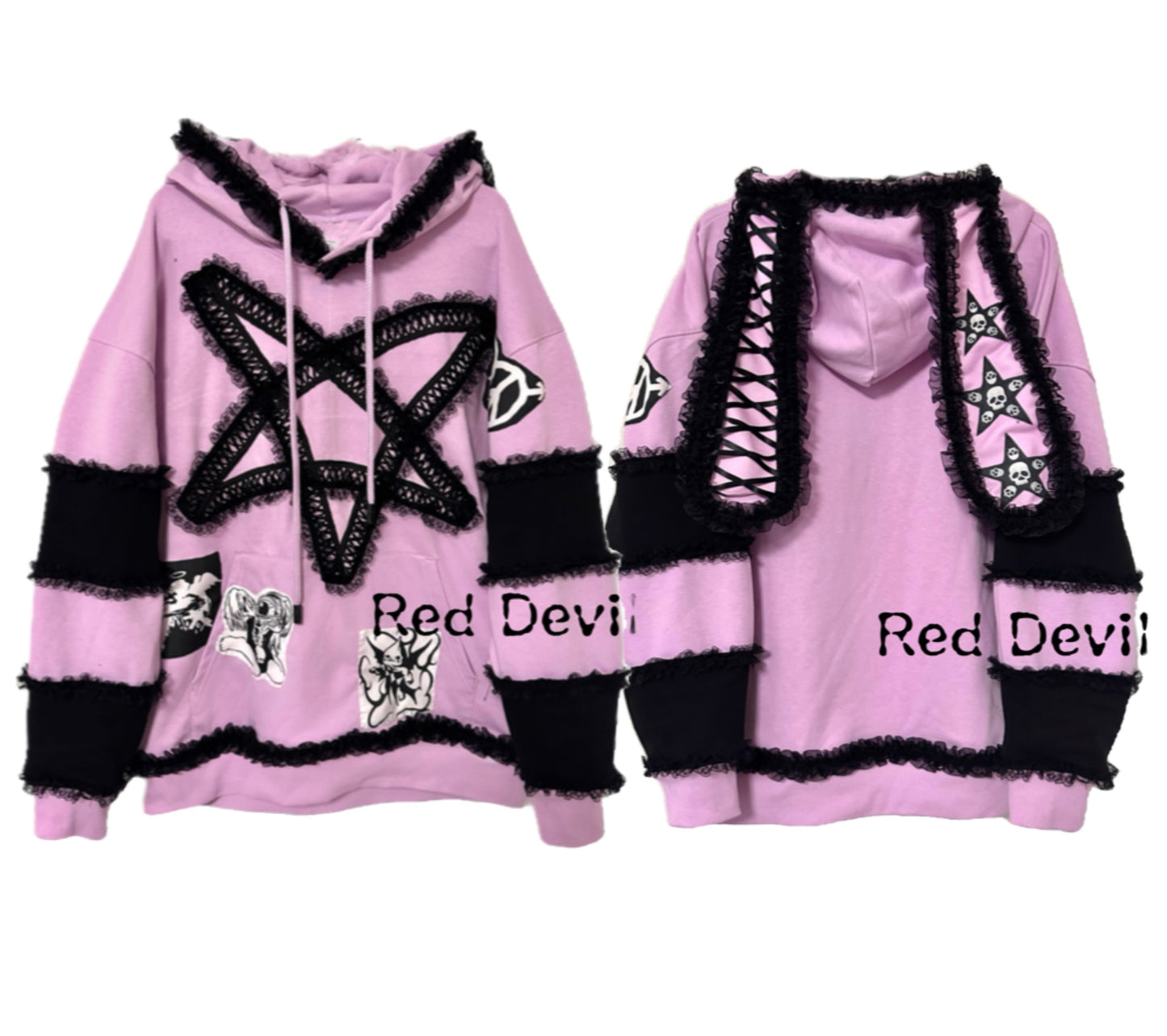 Red Devil Hoodie Plus Size Decora Kei Pink Hoodie Lace Bunny Ear Hoodie hoodie Red Devil