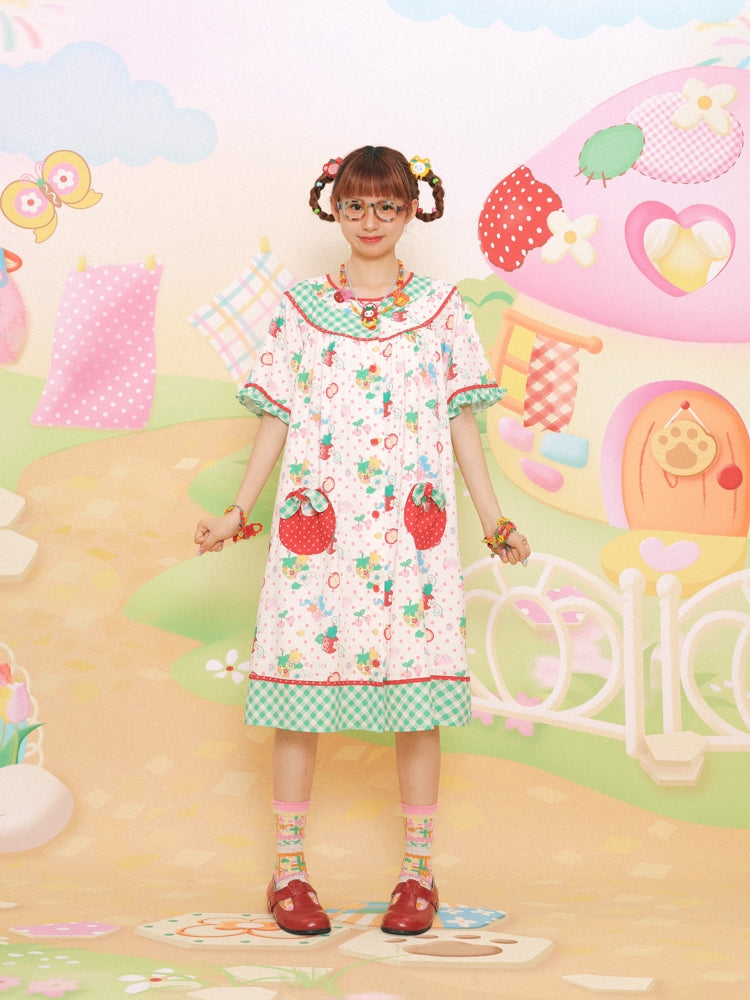 Lutra Jump Dress Strawberry Bear Dress Green Plaid Loose-Fit Dress dress Lutra Jump