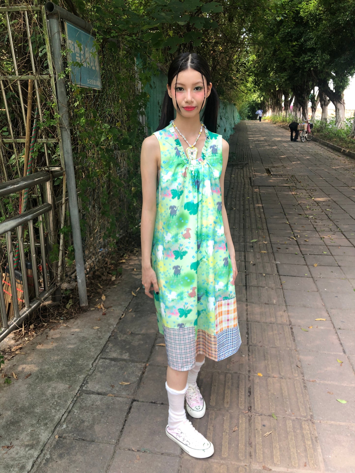 Harajuku Dress Green Sleeveless Dress Hand-painted Print Dress dress Moon Meadow